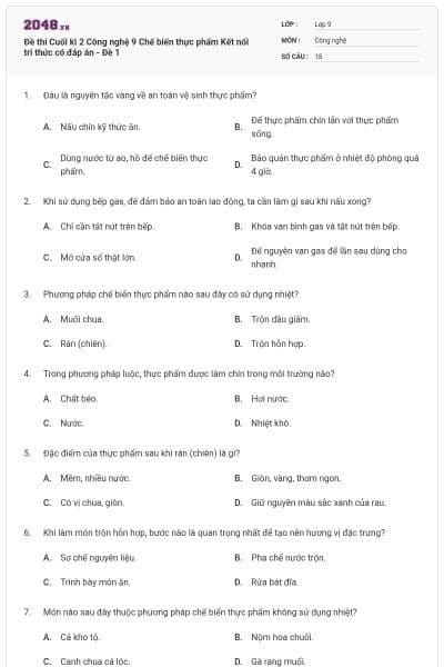 Đề thi Cuối kì 2 Công nghệ 9 Chế biến thực phẩm Kết nối tri thức có đáp án - Đề 1