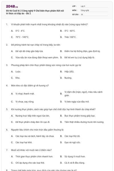 Đề thi Cuối kì 2 Công nghệ 9 Chế biến thực phẩm Kết nối tri thức có đáp án - Đề 2