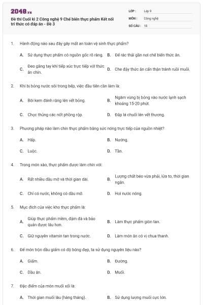 Đề thi Cuối kì 2 Công nghệ 9 Chế biến thực phẩm Kết nối tri thức có đáp án - Đề 3
