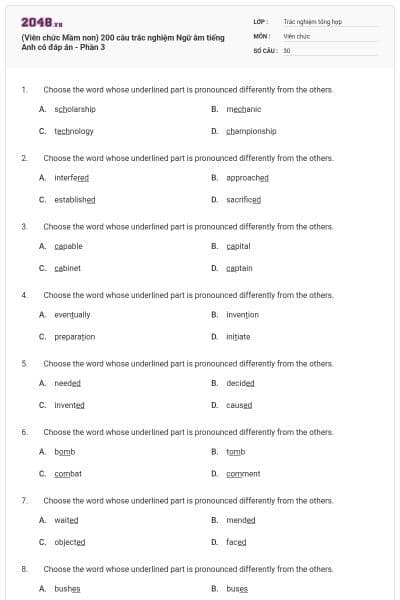 (Viên chức Mầm non) 200 câu trắc nghiệm Ngữ âm tiếng Anh có đáp án - Phần 3