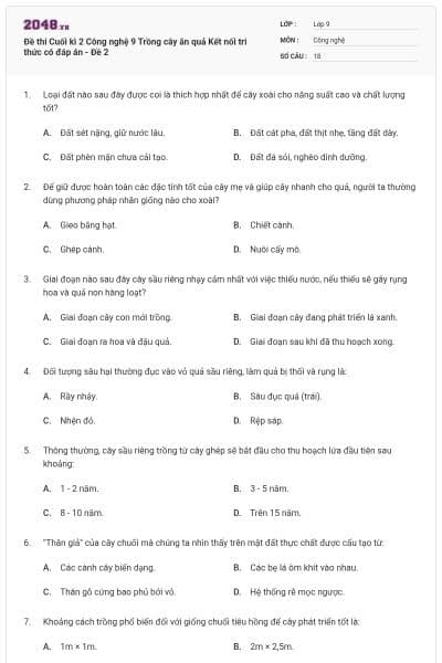 Đề thi Cuối kì 2 Công nghệ 9 Trồng cây ăn quả Kết nối tri thức có đáp án - Đề 2