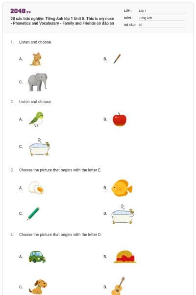 20 câu trắc nghiệm Tiếng Anh lớp 1 Unit 5. This is my nose - Phonetics and Vocabulary - Family and Friends có đáp án