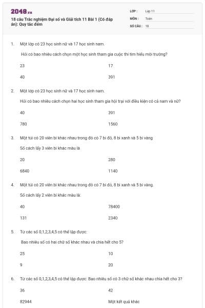 18 câu Trắc nghiệm Đại số và Giải tích 11 Bài 1 (Có đáp án): Quy tắc đếm