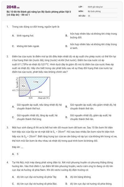 Bộ 10 Đề thi Đánh giá năng lực Bộ Quốc phòng phần Vật lí (có đáp án) - Đề số 1