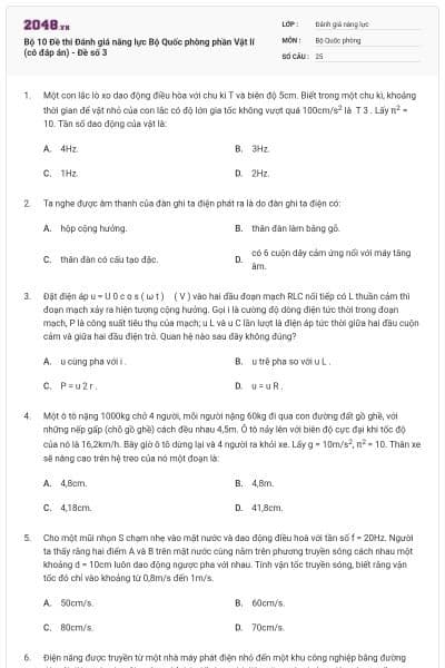 Bộ 10 Đề thi Đánh giá năng lực Bộ Quốc phòng phần Vật lí (có đáp án) - Đề số 3