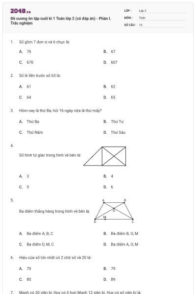Đề cương ôn tập cuối kì 1 Toán lớp 2 (có đáp án) - Phần I. Trắc nghiệm