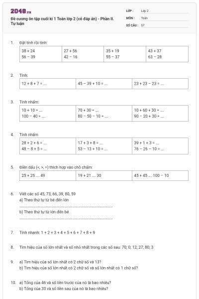 Đề cương ôn tập cuối kì 1 Toán lớp 2 (có đáp án) - Phần II. Tự luận