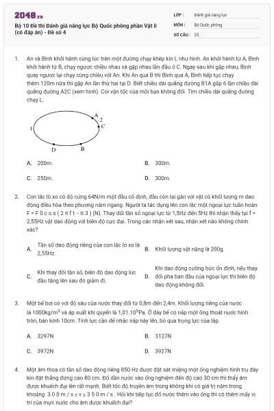 Bộ 10 Đề thi Đánh giá năng lực Bộ Quốc phòng phần Vật lí (có đáp án) - Đề số 4