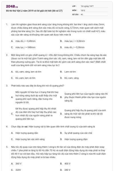 Đề thi thử Vật Lí năm 2019 có lời giải chi tiết (Đề số 27)