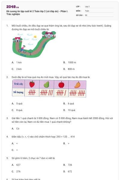 Đề cương ôn tập cuối kì 2 Toán lớp 2 (có đáp án) - Phần I. Trắc nghiệm