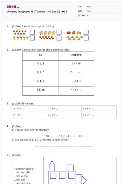 Đề cương ôn tập giữa kì 1 Toán lớp 1 (có đáp án) - Đề 1