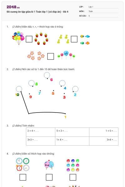 Đề cương ôn tập giữa kì 1 Toán lớp 1 (có đáp án) - Đề 4