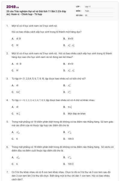 20 câu Trắc nghiệm Đại số và Giải tích 11 Bài 2 (Có đáp án): Hoán vị - Chỉnh hợp - Tổ hợp