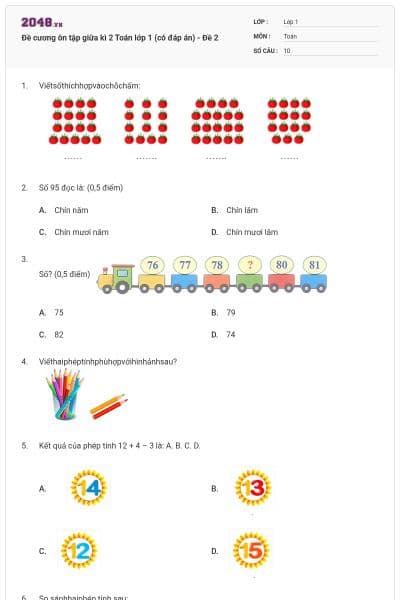 Đề cương ôn tập giữa kì 2 Toán lớp 1 (có đáp án) - Đề 2