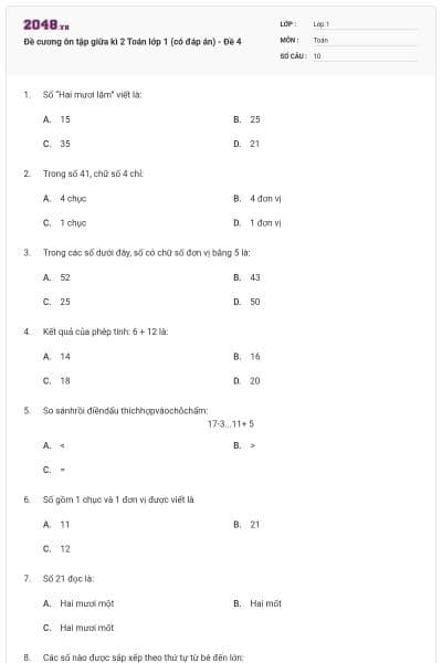 Đề cương ôn tập giữa kì 2 Toán lớp 1 (có đáp án) - Đề 4