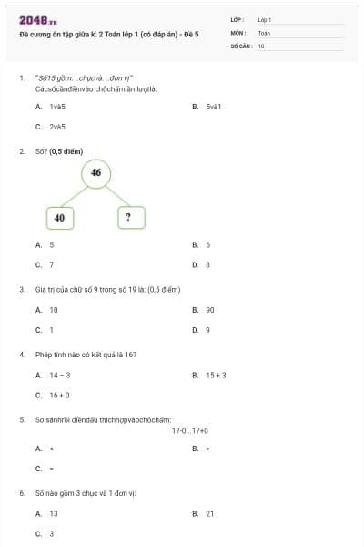 Đề cương ôn tập giữa kì 2 Toán lớp 1 (có đáp án) - Đề 5