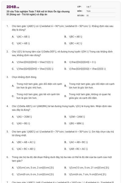 20 câu Trắc nghiệm Toán 7 Kết nối tri thức Ôn tập chương IX (Đúng sai - Trả lời ngắn) có đáp án