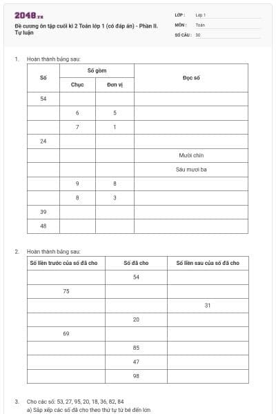 Đề cương ôn tập cuối kì 2 Toán lớp 1 (có đáp án) - Phần II. Tự luận