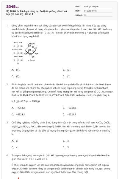 Bộ 10 Đề thi Đánh giá năng lực Bộ Quốc phòng phần Hoá học (có đáp án) - Đề số 1