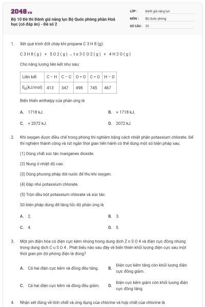 Bộ 10 Đề thi Đánh giá năng lực Bộ Quốc phòng phần Hoá học (có đáp án) - Đề số 2