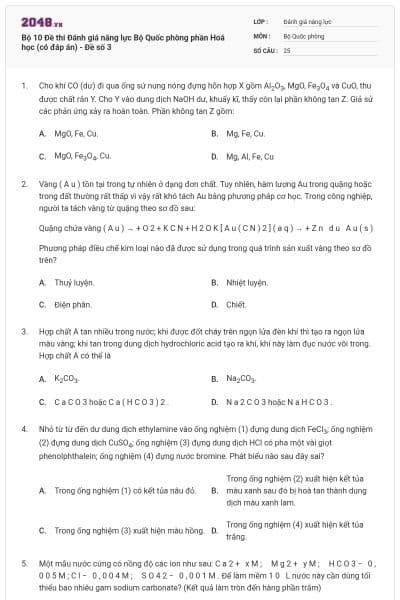 Bộ 10 Đề thi Đánh giá năng lực Bộ Quốc phòng phần Hoá học (có đáp án) - Đề số 3