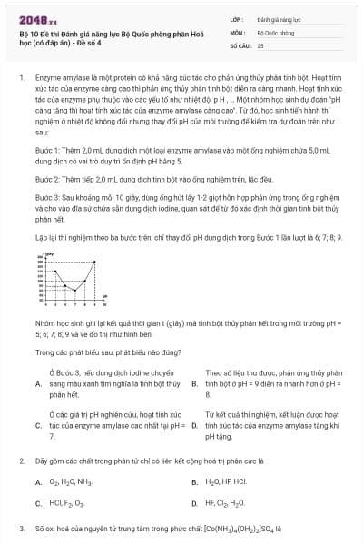 Bộ 10 Đề thi Đánh giá năng lực Bộ Quốc phòng phần Hoá học (có đáp án) - Đề số 4