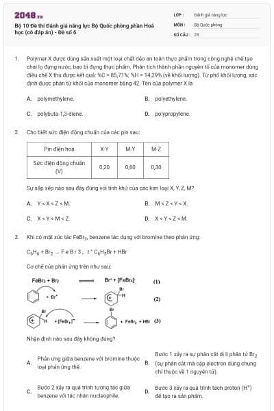Bộ 10 Đề thi Đánh giá năng lực Bộ Quốc phòng phần Hoá học (có đáp án) - Đề số 6