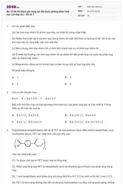 Bộ 10 Đề thi Đánh giá năng lực Bộ Quốc phòng phần Hoá học (có đáp án) - Đề số 7