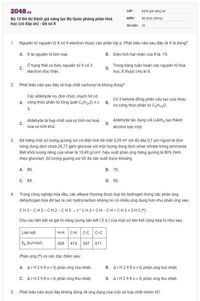 Bộ 10 Đề thi Đánh giá năng lực Bộ Quốc phòng phần Hoá học (có đáp án) - Đề số 8