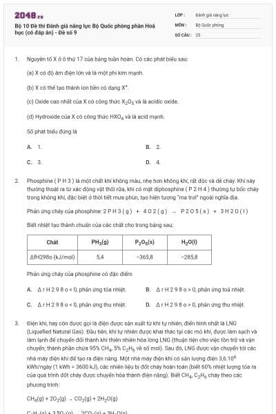 Bộ 10 Đề thi Đánh giá năng lực Bộ Quốc phòng phần Hoá học (có đáp án) - Đề số 9