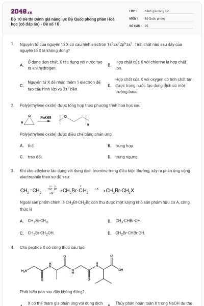 Bộ 10 Đề thi Đánh giá năng lực Bộ Quốc phòng phần Hoá học (có đáp án) - Đề số 10