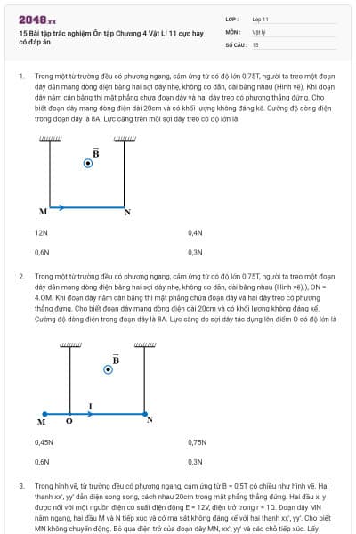 15 Bài tập trắc nghiệm Ôn tập Chương 4 Vật Lí 11 cực hay có đáp án