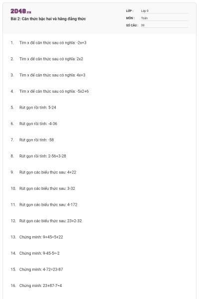 Bài 2: Căn thức bậc hai và hằng đẳng thức