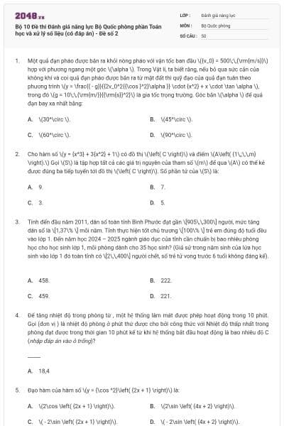 Bộ 10 Đề thi Đánh giá năng lực Bộ Quốc phòng phần Toán học và xử lý số liệu (có đáp án) - Đề số 2