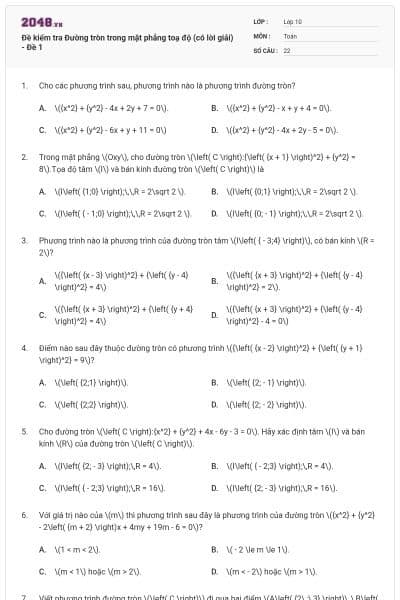 Đề kiểm tra Đường tròn trong mặt phẳng toạ độ (có lời giải) - Đề 1