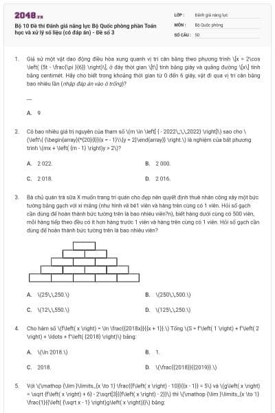 Bộ 10 Đề thi Đánh giá năng lực Bộ Quốc phòng phần Toán học và xử lý số liệu (có đáp án) - Đề số 3