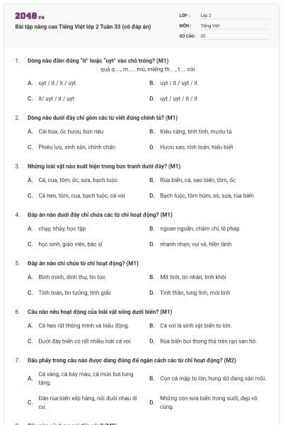 Bài tập nâng cao Tiếng Việt lớp 2 Tuần 33 (có đáp án)