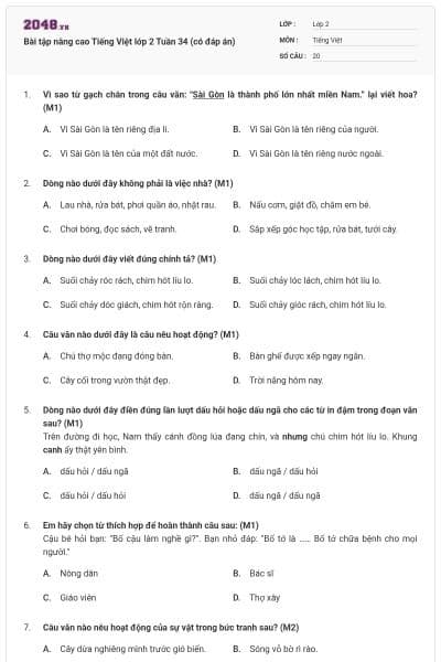 Bài tập nâng cao Tiếng Việt lớp 2 Tuần 34 (có đáp án)