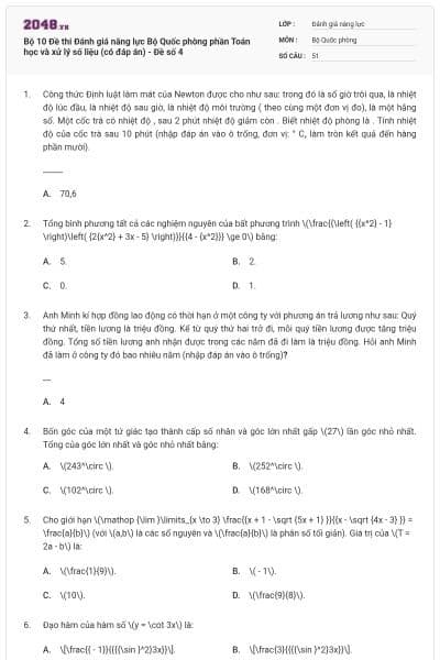 Bộ 10 Đề thi Đánh giá năng lực Bộ Quốc phòng phần Toán học và xử lý số liệu (có đáp án) - Đề số 4