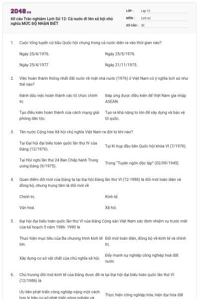 60 câu Trắc nghiệm Lịch Sử 12: Cả nước đi lên xã hội chủ nghĩa  MỨC ĐỘ NHẬN BIẾT