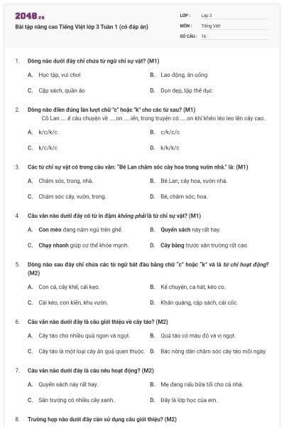 Bài tập nâng cao Tiếng Việt lớp 3 Tuần 1 (có đáp án)