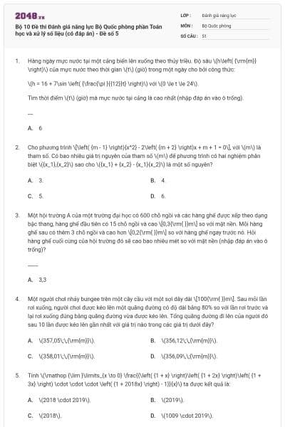 Bộ 10 Đề thi Đánh giá năng lực Bộ Quốc phòng phần Toán học và xử lý số liệu (có đáp án) - Đề số 5