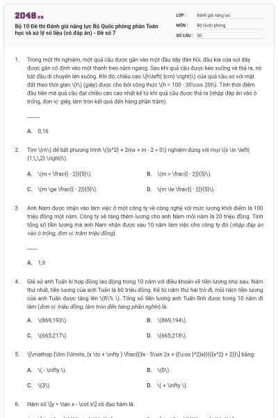 Bộ 10 Đề thi Đánh giá năng lực Bộ Quốc phòng phần Toán học và xử lý số liệu (có đáp án) - Đề số 7