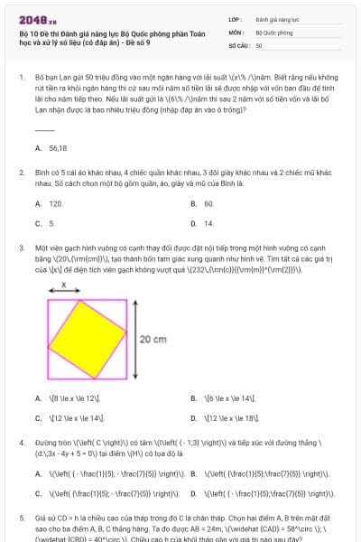 Bộ 10 Đề thi Đánh giá năng lực Bộ Quốc phòng phần Toán học và xử lý số liệu (có đáp án) - Đề số 9