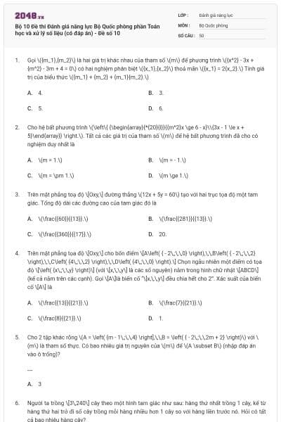 Bộ 10 Đề thi Đánh giá năng lực Bộ Quốc phòng phần Toán học và xử lý số liệu (có đáp án) - Đề số 10