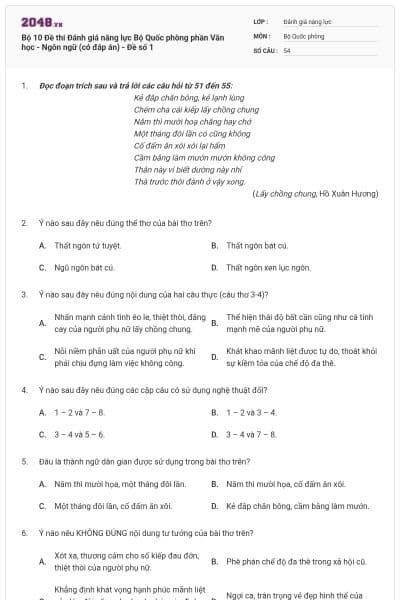 Bộ 10 Đề thi Đánh giá năng lực Bộ Quốc phòng phần Văn học - Ngôn ngữ (có đáp án) - Đề số 1