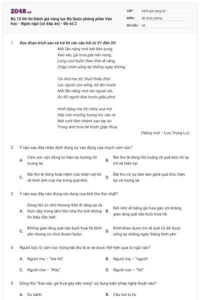 Bộ 10 Đề thi Đánh giá năng lực Bộ Quốc phòng phần Văn học - Ngôn ngữ (có đáp án) - Đề số 2