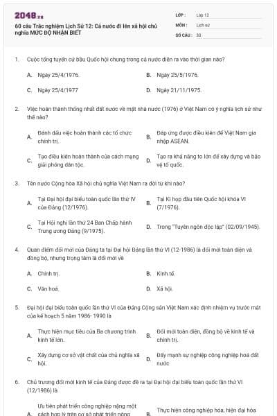 60 câu Trắc nghiệm Lịch Sử 12: Cả nước đi lên xã hội chủ nghĩa  MỨC ĐỘ NHẬN BIẾT