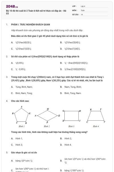Bộ 10 đề thi cuối kì 2 Toán 6 Kết nối tri thức có đáp án - Đề 03