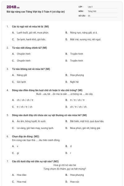 Bài tập nâng cao Tiếng Việt lớp 3 Tuần 4 (có đáp án)